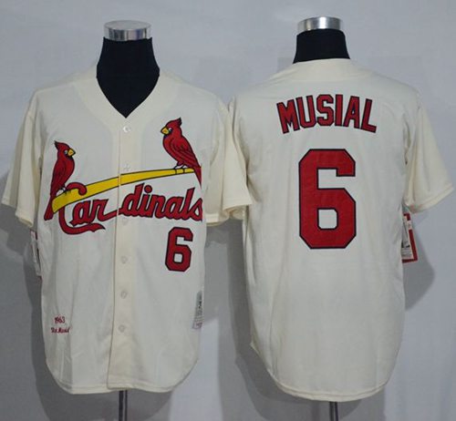 Mitchell And Ness 1963 Cardinals #6 Stan Musial Cream Throwback Stitched MLB Jersey - Click Image to Close